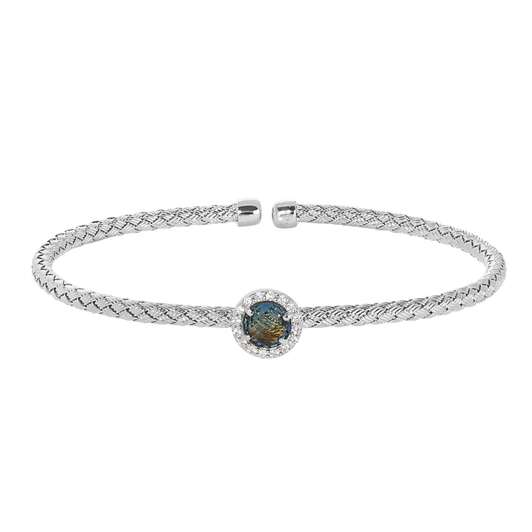 Custom engraved cuff bracelets for personalized gifts-Rhodium Finish Sterling Silver Basketweave Cable Cuff  Bracelet with a Round Blue Stone and Simulated Diamonds