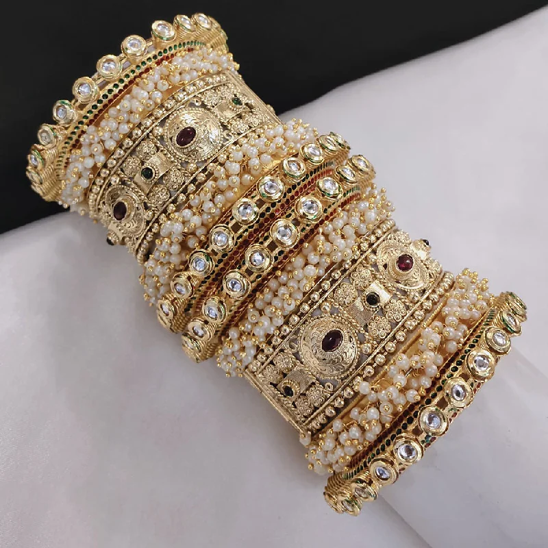 Bangles with floral designs for nature-inspired beauty-Pooja Bangles Gold Plated Kundan Stone And Pearls Openable Bangle Set