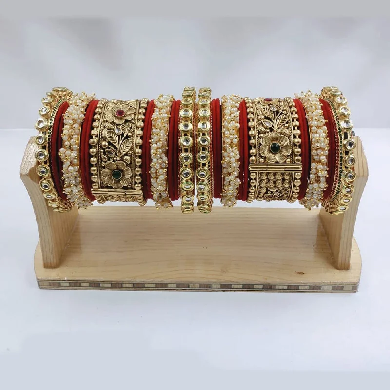 Vintage-inspired bangles for a retro style-Akruti Collection Gold Plated Kundan Stone And Pearl Bangles Set