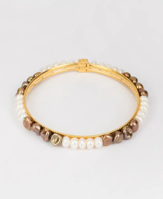 Simple gold bangles for minimalist fashion-Classy White and Brown Pearl Bangle