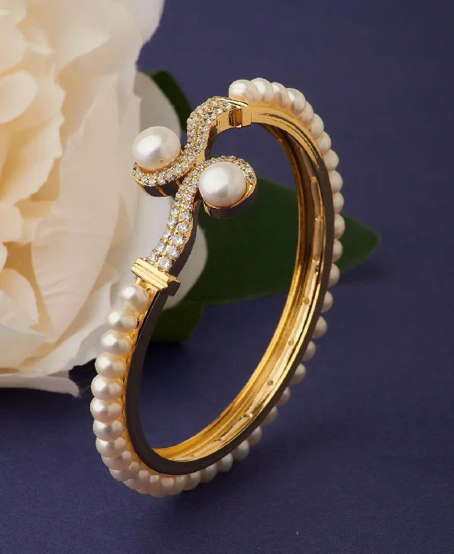 Modern bangle bracelets for contemporary style-Trendy Stone Studded Real Pearl Bangle