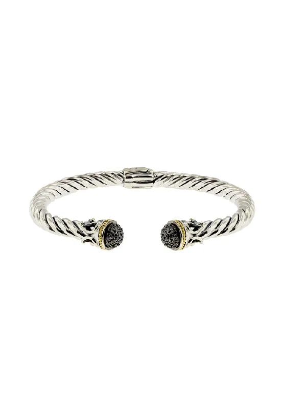 Adjustable friendship bracelets for versatile gifting-925 S. Silver & 18K Gold Black Diamond Bangle