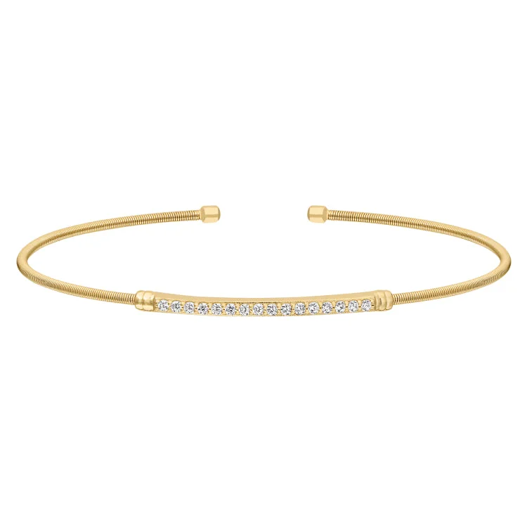 Trendy woven bracelets for a cool, casual style-Gold Finish Sterling Silver Cable Cuff Bracelet with Simulated Diamond Birth Gems - April