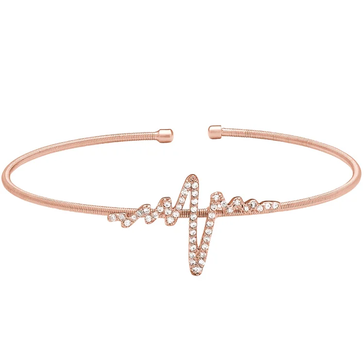 Silver bracelets for everyday wear-Rose Gold Finish Sterling Silver Cable Cuff Heartbeat Bracelet with Simulated Diamonds