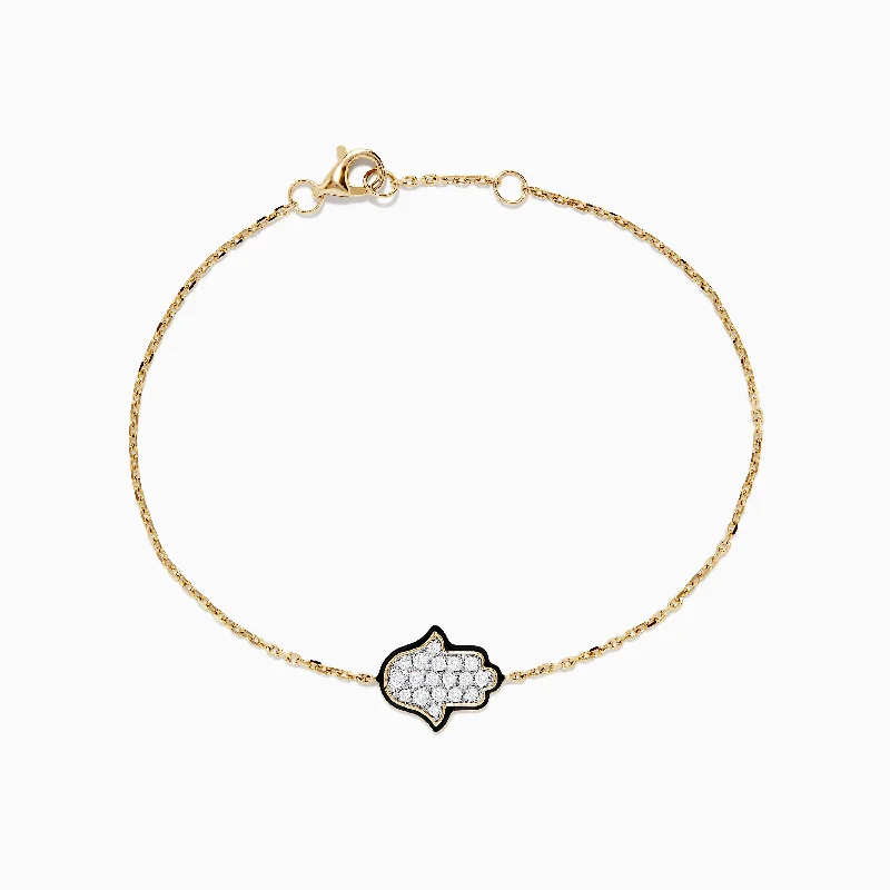 Custom engraved cuff bracelets for personalized gifts-14K Yellow Gold Diamond Hamsa Bracelet