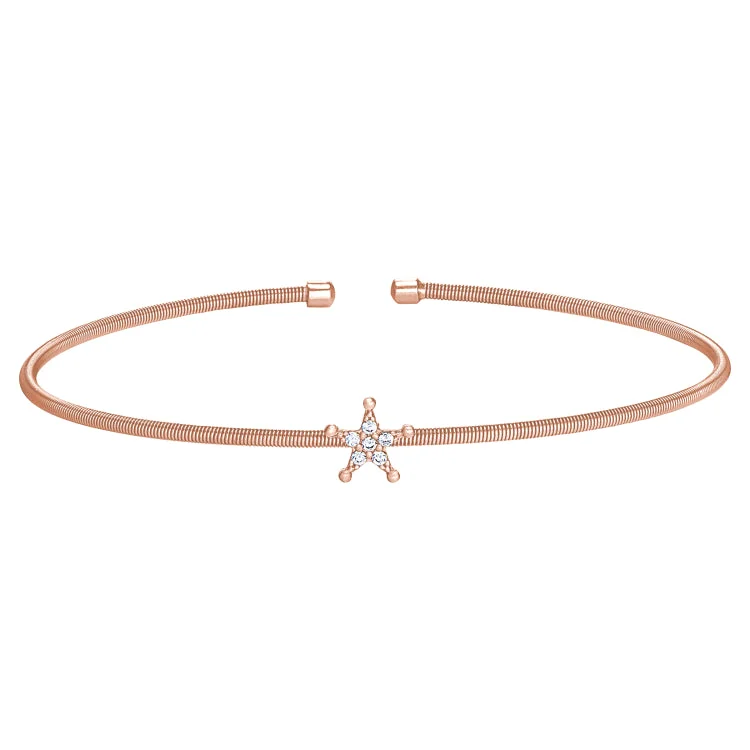 Fashionable cuff bracelets for statement looks-Rose Gold Finish Sterling Silver Cable Cuff Star Bracelet with Simulated Diamonds