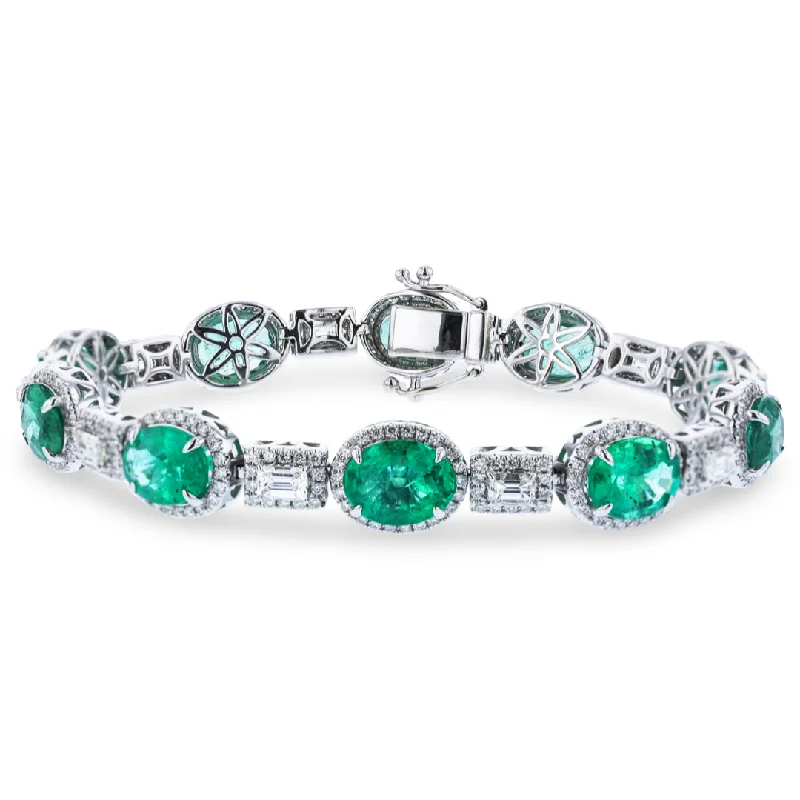 Trendy stacking bracelets for layered fashion-JULEVE 18KT WHITE GOLD 16.00 CT EMERALD & 4.00CTW DIAMOND HALO BRACELET