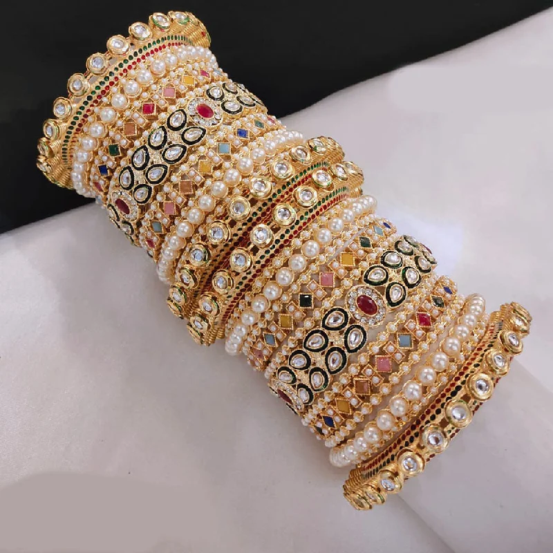 Custom charm bangles for personalized flair-Akruti Collection Gold Plated Kundan Stone And Crystal Stone Pearls Bangles Set