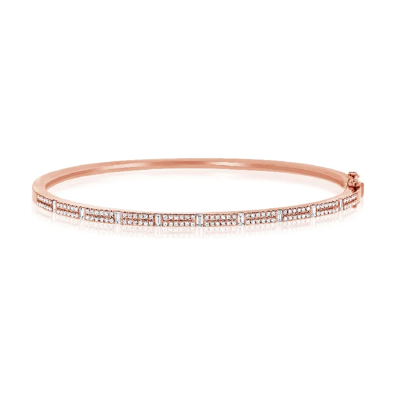 Elegant bangles for formal events and parties-14K Rose Gold Round & Baguette Diamond Bangle