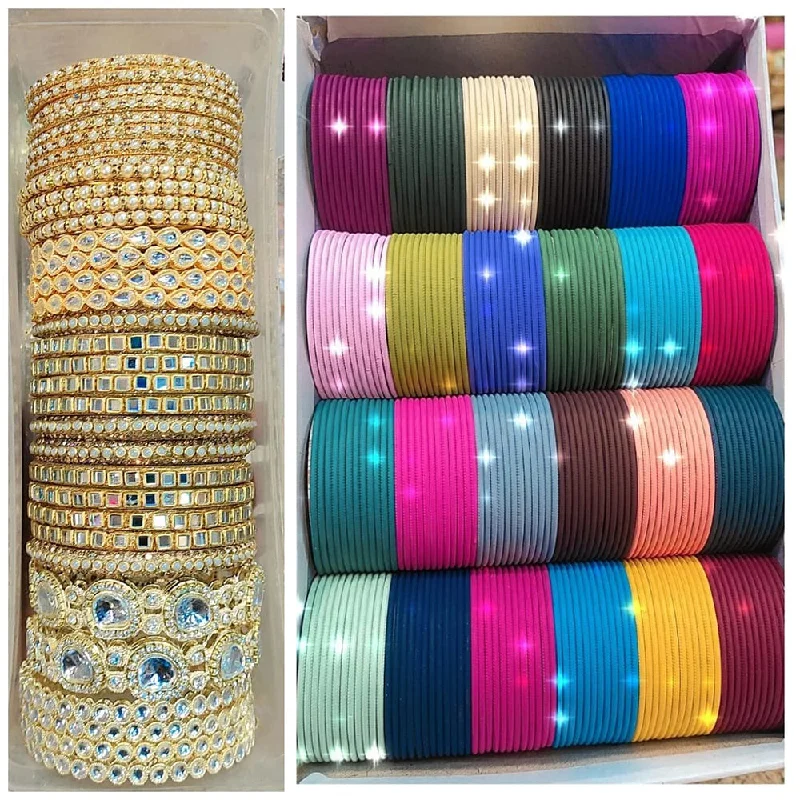 Delicate bangles for subtle sophistication-Pooja Bangles Gold Plated Kundan Stone Metal Bangles Set (Assorted Color )