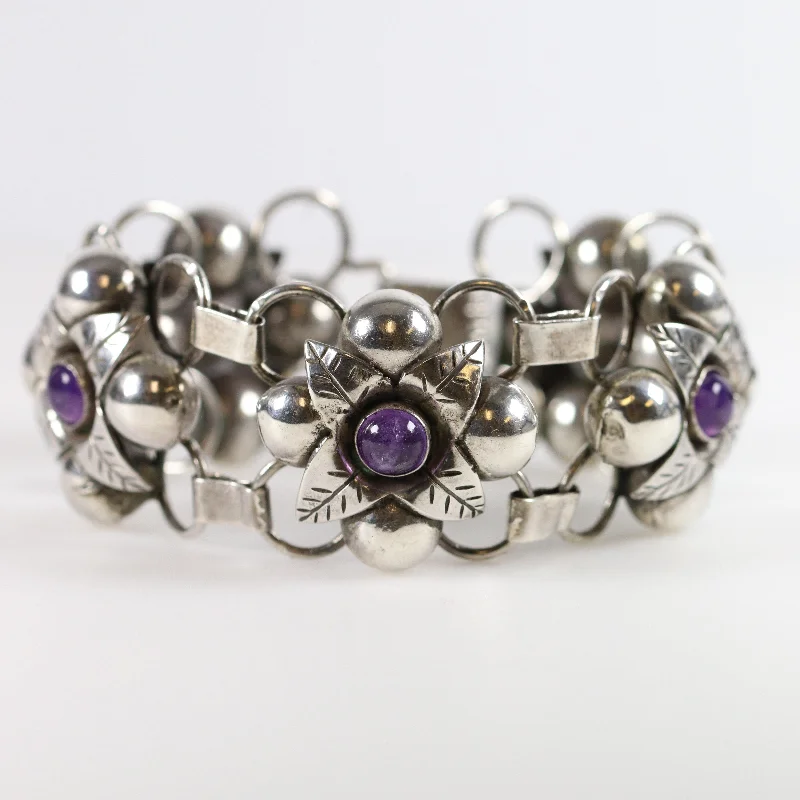 Handcrafted bracelets for unique designs-Vintage Silver Mexican Jewelry | Old Floral Amethyst Linked Bracelet