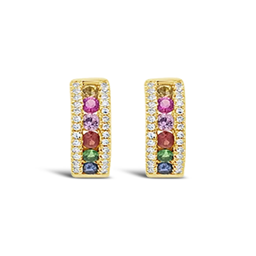 Custom birthstone earrings for meaningful gifts-Multi-color Sapphire & Diamond Huggie Earrings