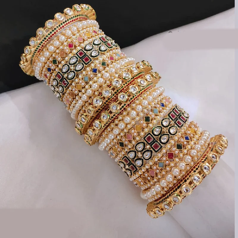 Ethnic-inspired bangles for traditional attire-Akruti Collection Gold Plated Kundan Stone And Crystal Stone Pearls Bangles Set