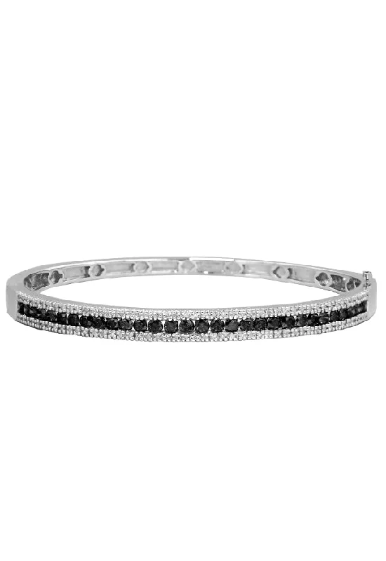 Heart-shaped bracelets for romantic gifts-14K White Gold Black and White Diamond Bangle, 2.13 TCW