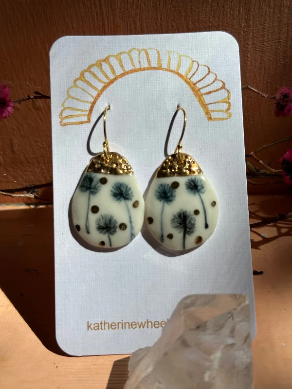 Statement earrings for bold fashion statements-Indigo Hand Painted Dandelion Porcelain Earrings with gold does