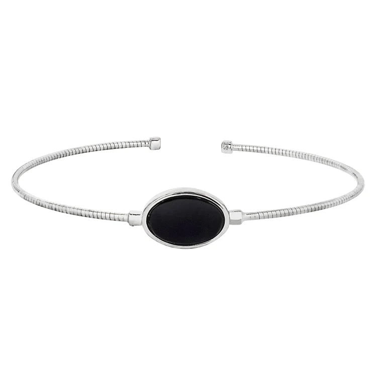 Heart-shaped bracelets for romantic gifts-Rhodium Finish Sterling Silver Rounded Omega Cable Cuff Bracelet with an Oval Black Murano Stone