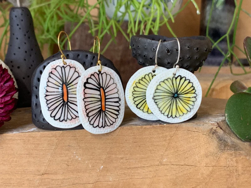 Unique bar earrings for an edgy vibe-One pair of Hand painted porcelain ‘Daisy’ earrings