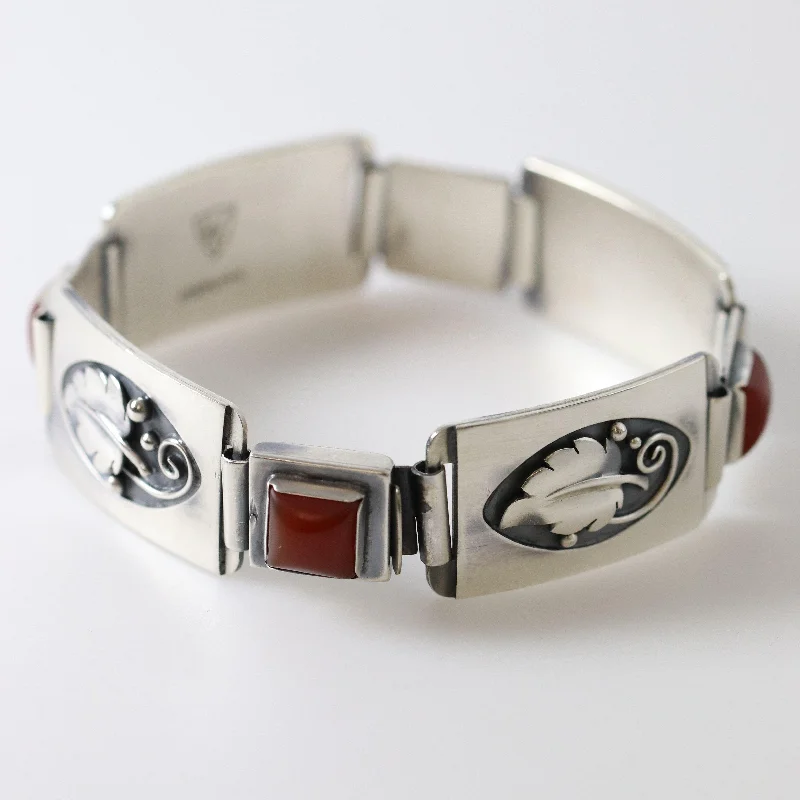 Leather bracelets for rugged charm-Vintage Lawrence Foss Silver Jewelry | Foliate and Carnelian Bracelet