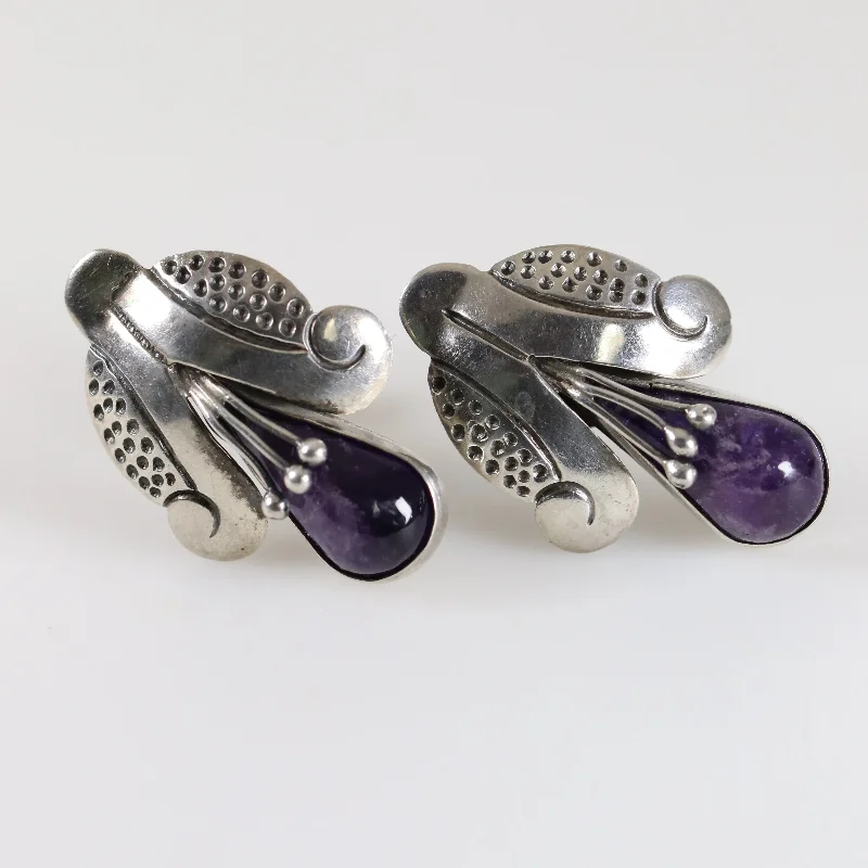 Vibrant gemstone earrings for bohemian fashion-Vintage Mexican Jewelry | Tribal Amethyst Earrings Sterling Silver Pre-Eagle Mark