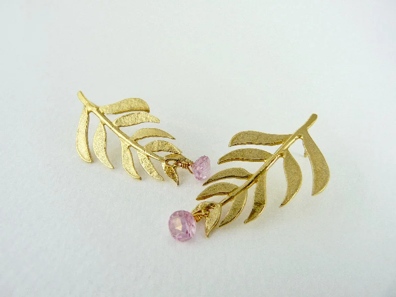 Minimalist bar earrings for a sleek and simple style-Kiki Leaf Earrings with Pink Topaz drops