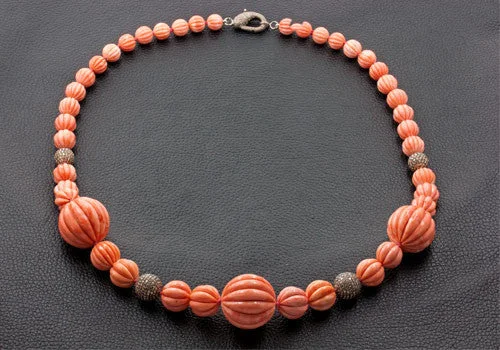 Nature-inspired necklaces with leaves and flowers-Carved Coral & Diamond Necklace