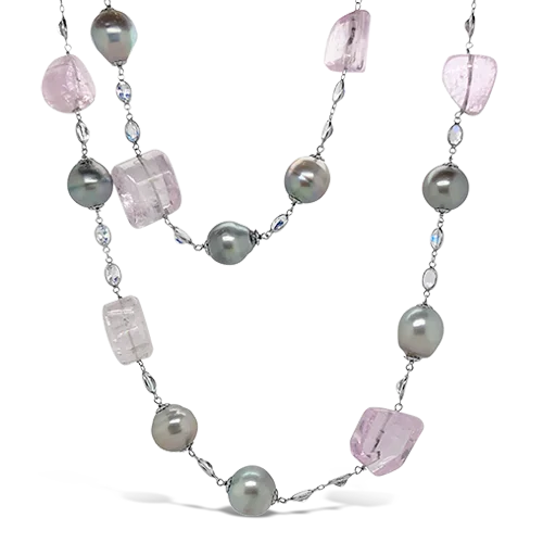 Diamond necklace for luxury occasions-Tahitian Pearl, Kunzite & Moonstone Necklace