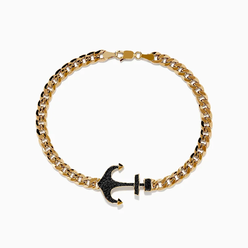 Stylish cord bracelets for casual fashion-Men's 14K Yellow Gold Black Diamond Anchor Chain Bracelet