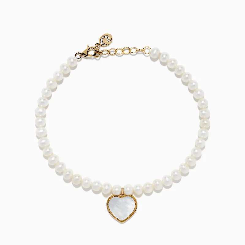 Personalized name bracelets for meaningful gifts-14K Gold Fresh Water Pearl and Mother of Pearl Heart Charm Bracelet