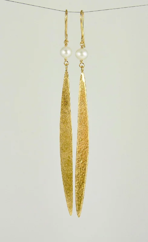 Personalized engraved earrings for sentimental gifts-Lily Long Single Leaf Earrings with Fresh Water Pearls