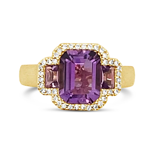 Classic solitaire rings for timeless engagement-Three Amethysts & Diamond Ring