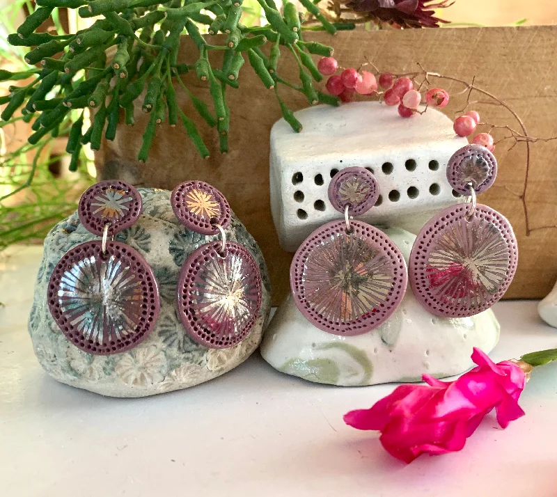 Layered earrings for trendy, boho looks-‘Double star’ purple Porcelain Earrings with Platinum Lustre Detail