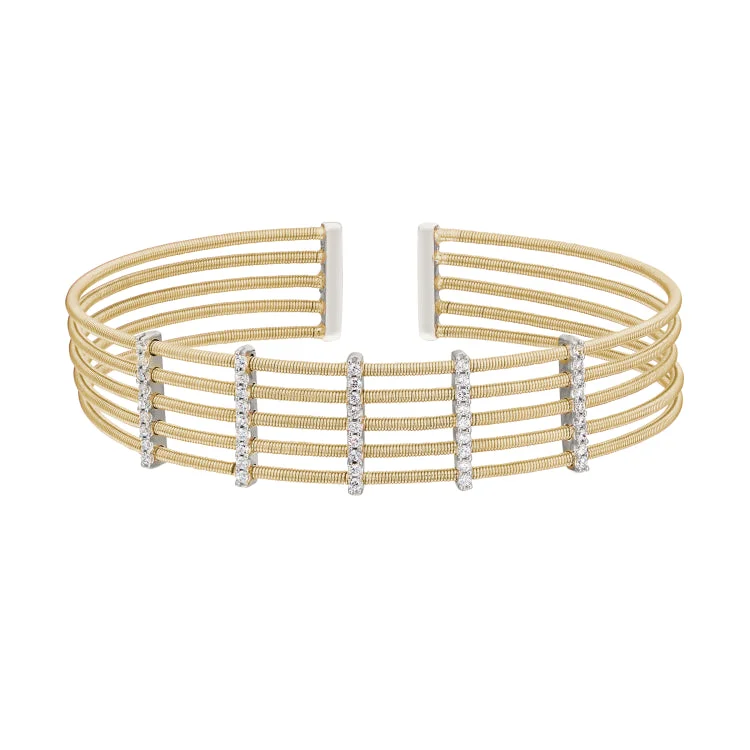 Custom friendship bracelets for meaningful connections-Gold Finish Sterling Silver Multi Cable Cuff Bracelet with Rhodium Finish Simulated Diamond Vertical Bars