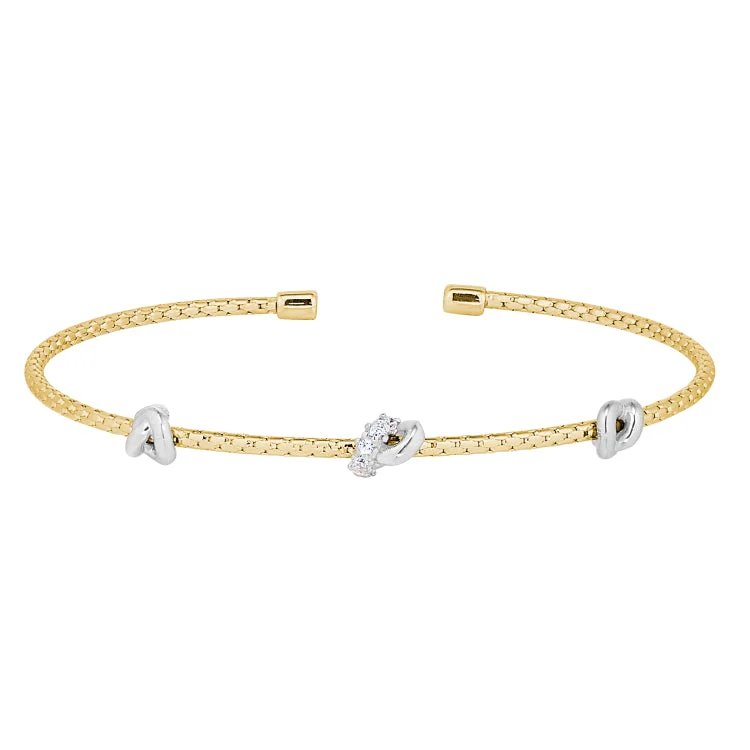 Trendy cuff bracelets for modern style-Gold Finish Sterling Silver Corean Cable Bracelet with 3 Rhodium Finish Knots with Simulated Diamonds on the Center Knot