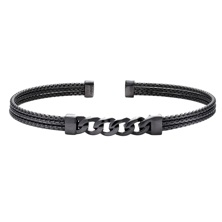 Fashion bracelets for trendy outfits-Black Rhodium Finished Sterling Silver 3 Cable Curb Link Cuff Bracelet