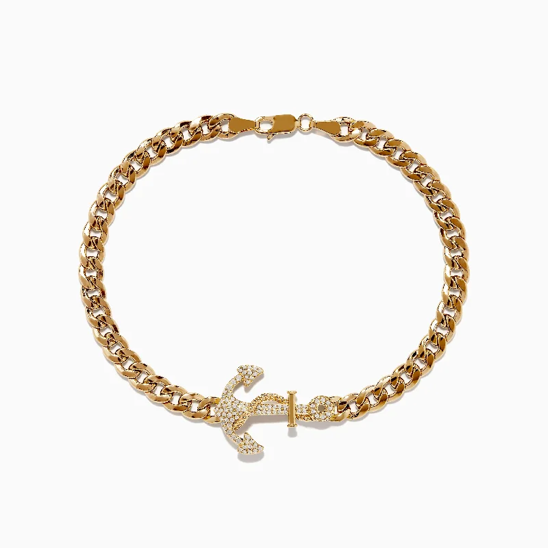 Beaded bracelets for colorful style-Men's 14K Yellow Gold Diamond Anchor Chain Bracelet