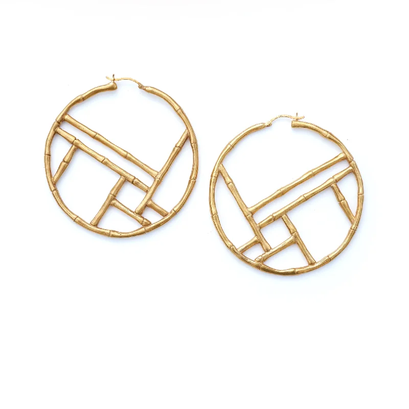 Silver earrings with delicate detailing-BAMBOO SCREEN . hoops