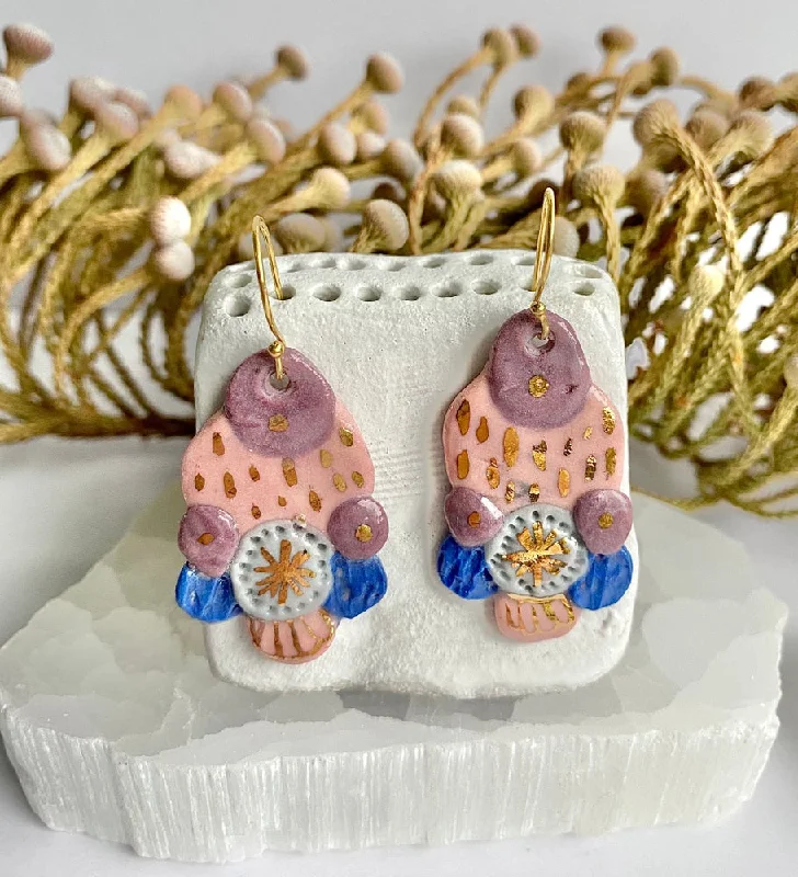 Multi-stone earrings for vibrant looks-Hand Painted Purple, Pink, Blue and Gold Porcelain Earrings