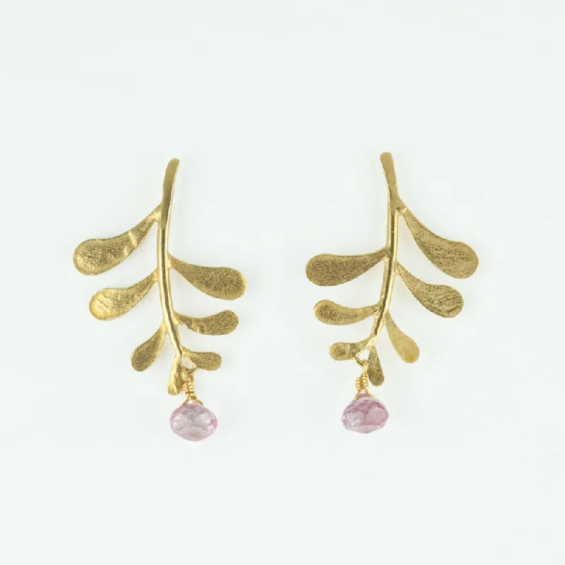 Colorful statement earrings to complement your outfit-Marni Leaf stud with Pink Topaz drop