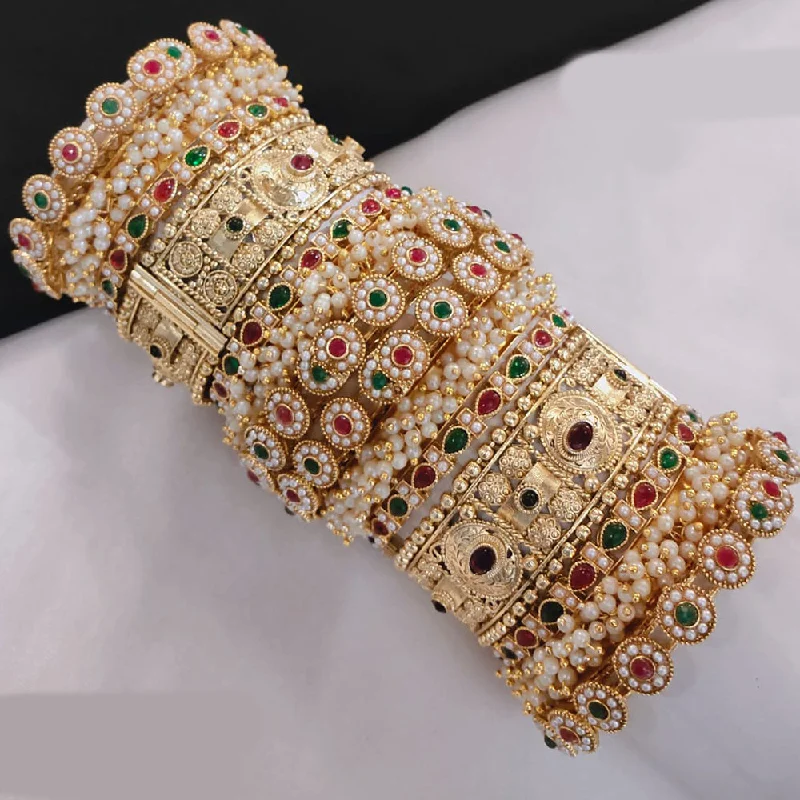 Multi-tone bangles for mixed metal fashion-Pooja Bangles Gold Plated Kundan Stone And Pearls Openable Bangle Set