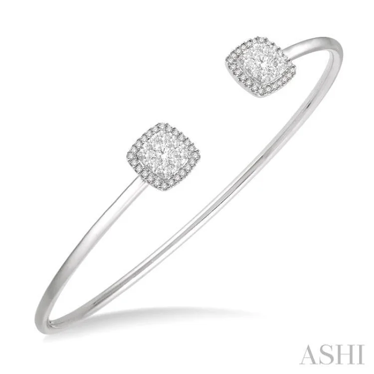 Luxury diamond-studded bangles for an upscale look-3/4 Ctw Cushion Shape Lovebright Open Cuff Diamond Bangle in 14K White Gold