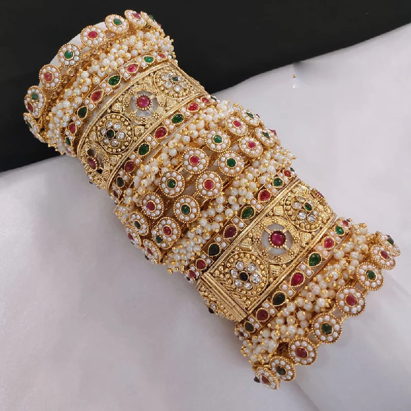 Bangles with intricate detailing for unique flair-Pooja Bangles Gold Plated Kundan Stone And Pearls Openable Bangle Set