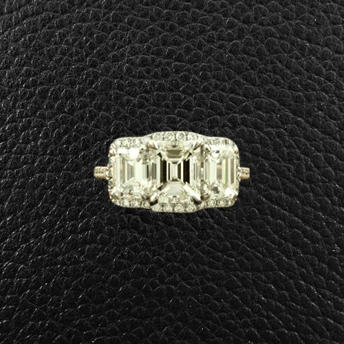 Custom logo rings for corporate gifts-Triple Emerald cut Diamond Ring with Halo