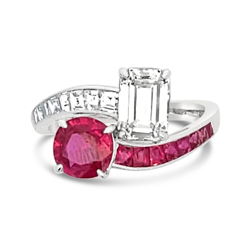 Trendy stack rings for a layered look-Ruby & Diamond Bypass Ring