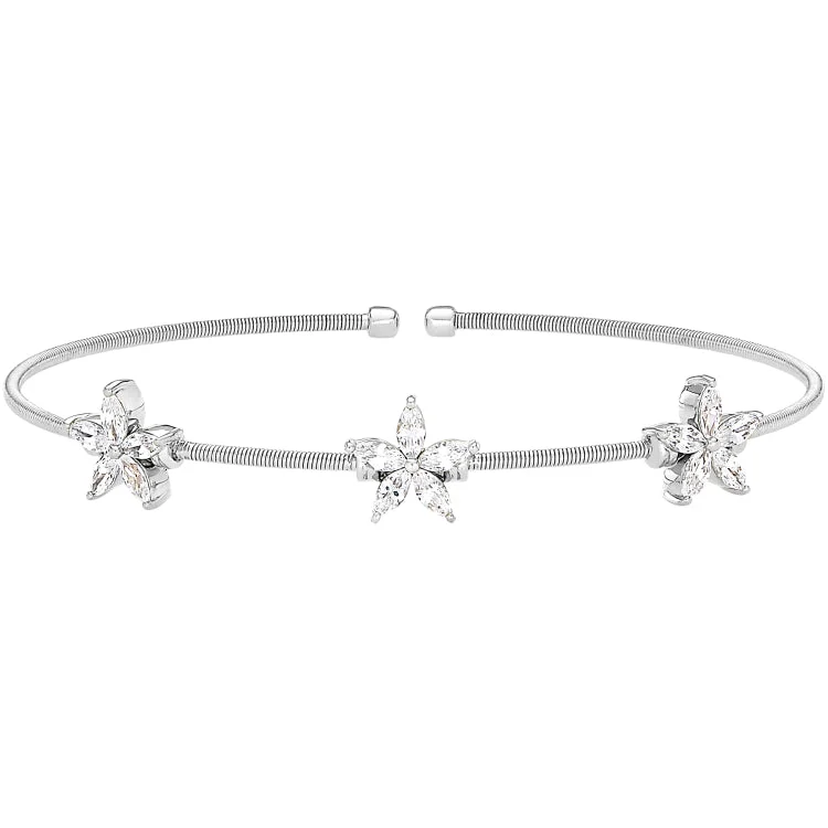 Handcrafted bracelets for unique designs-Rhodium Finish Sterling Silver Cable Cuff Bracelet with Simulated Diamond Flowers