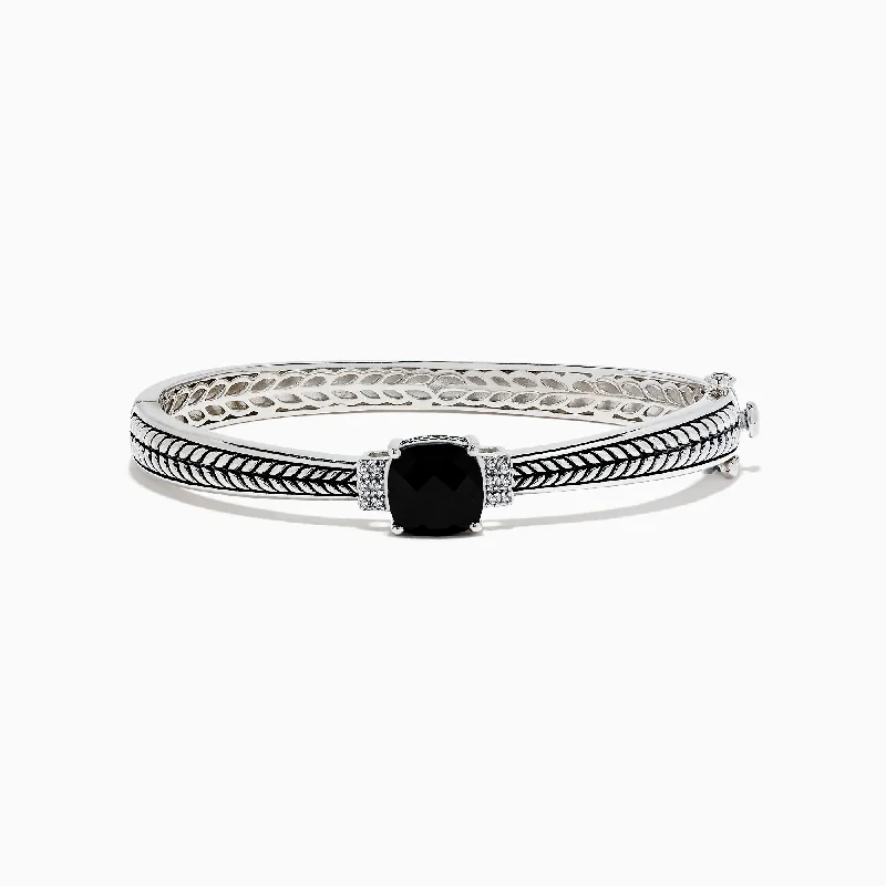 Trendy woven bracelets for a cool, casual style-925 Sterling Silver Onyx and Diamond Bangle, 4.26 TCW