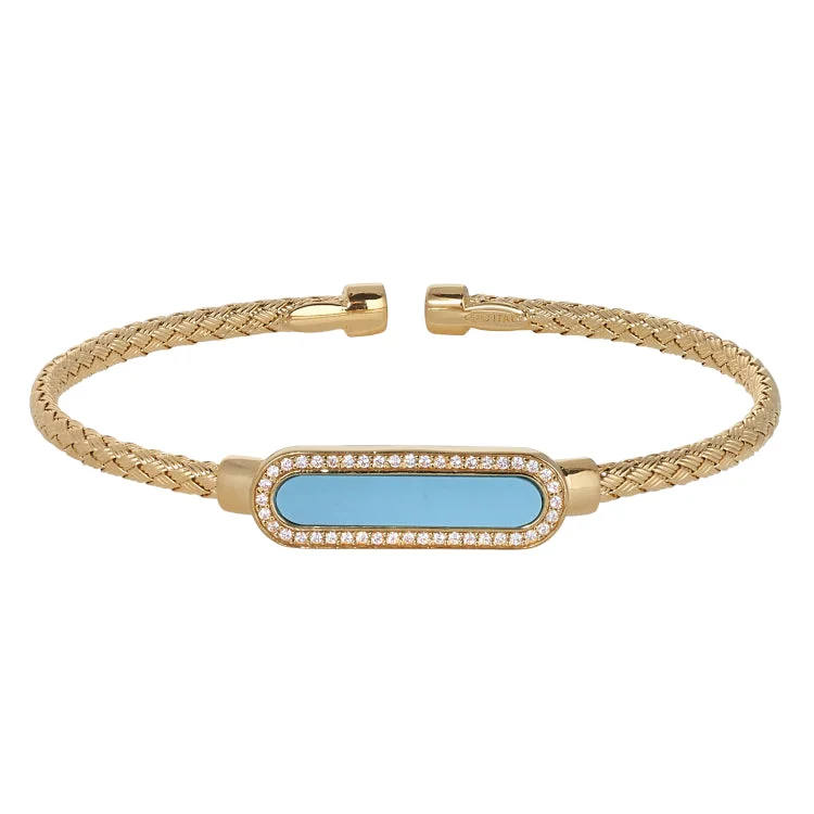 Personalized name bracelets for meaningful gifts-Gold Finish Sterling Silver Basketweave Cable Cuff  Bracelet with an Oval with Simulated Diamonds and a Turquois Stone