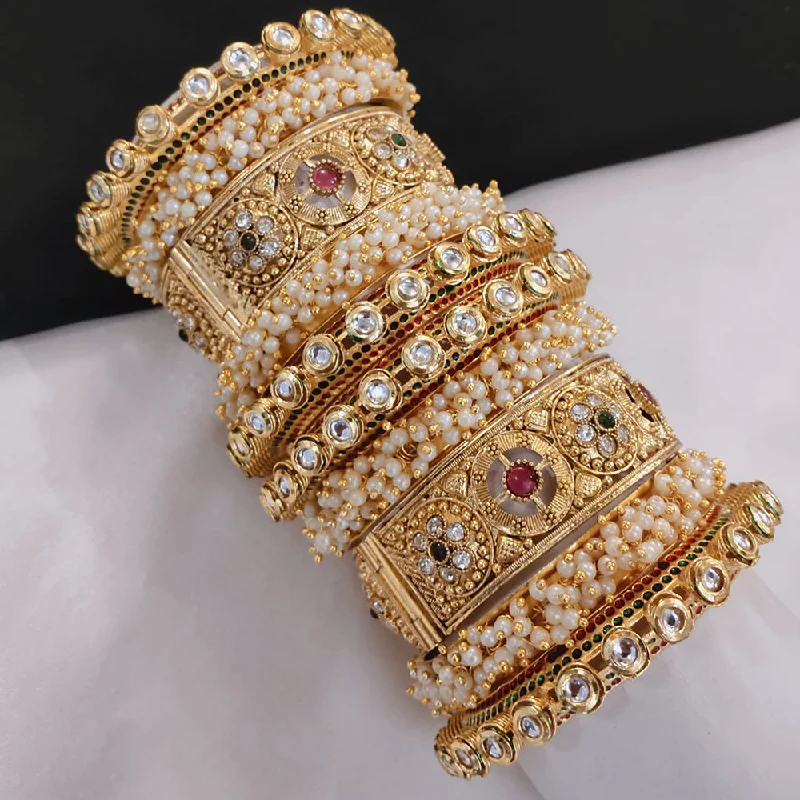 Elegant crystal bangles for a glamorous touch-Pooja Bangles Gold Plated Kundan Stone And Pearls Openable Bangle Set