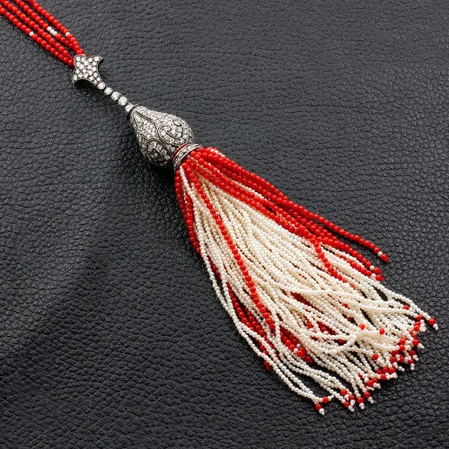 Custom gemstone necklaces for special occasions-Coral, Pearl & Diamond Tassel Necklace