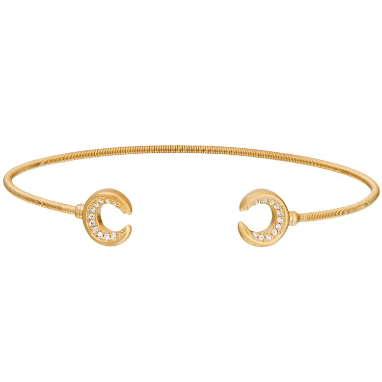 Engraved couple bracelets for matching styles-Gold Finish Sterling Silver Cable Cuff Bracelet with Simulated Diamond Upside Down Crescent Moons