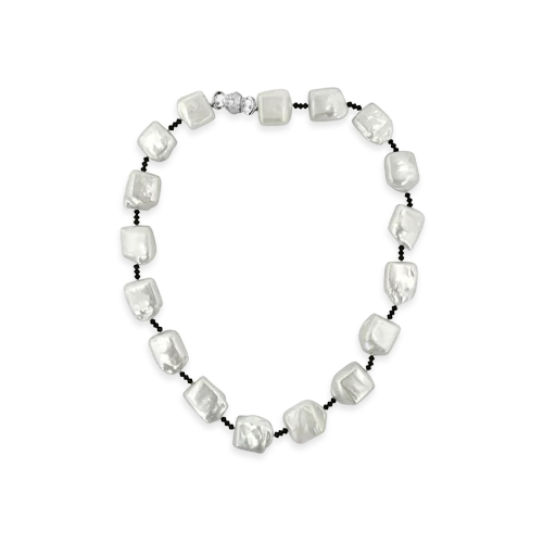 Stainless steel necklaces for durability and style-Block Pearl & Jet Bead Necklace